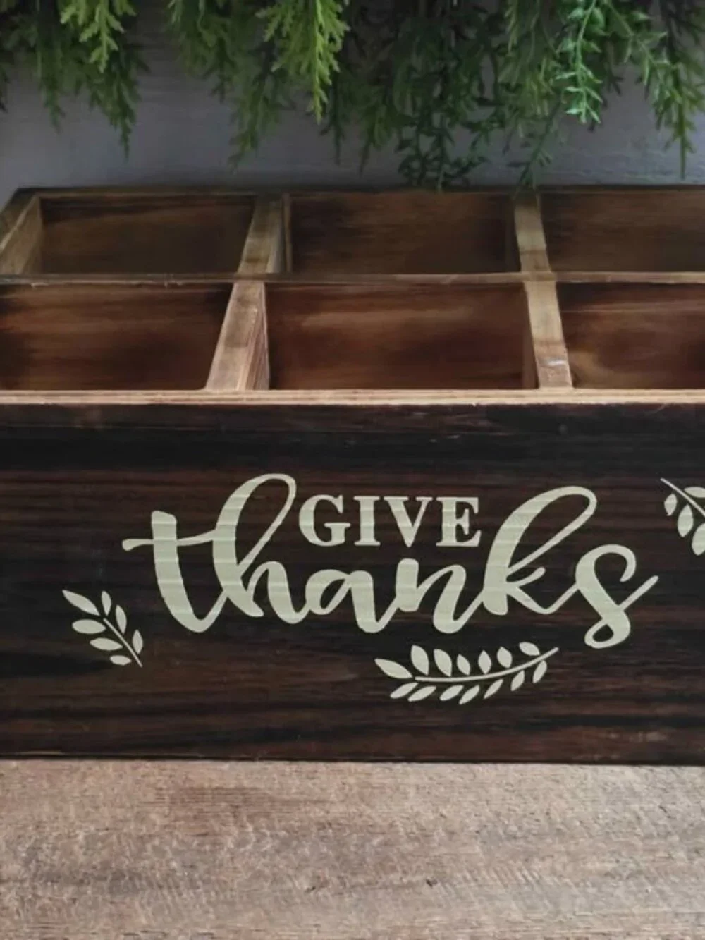 Rustic Give Thanks 6 Divided Wood Crate Primitive Thanksgiving Flatware Storage